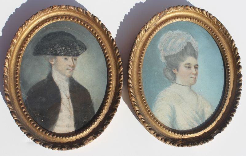 Fine pr of 18thC pastel portraits of a sea captain & hi: Fine pr of 18thC pastel portraits of a sea captain & his wife in orig gilt wooden carved frames - overal size 7 3/4" x 6 1/4"