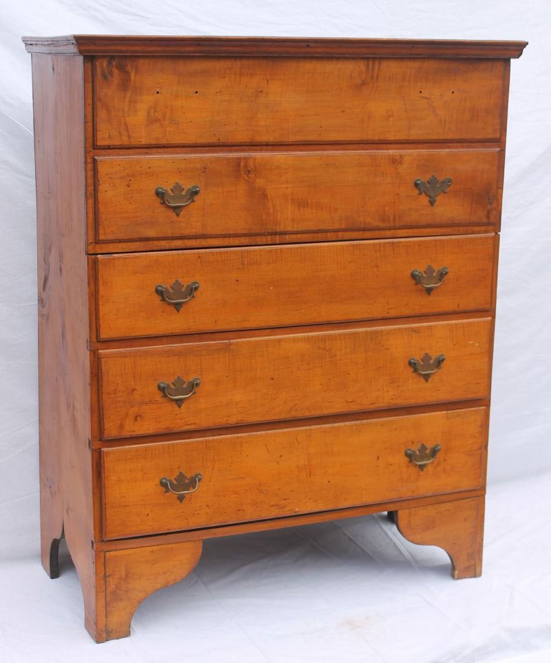 QA ca 1735-1755 figured maple simulated 5 dr (3 real) t: QA ca 1735-1755 figured maple simulated 5 dr (3 real) tall bracket base blanket chest from New London, CT - 36" case x 48" tall