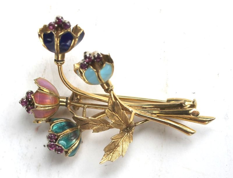 beautiful 14k gold gem set & enamel flower brooch - wei: beautiful 14k gold gem set & enamel flower brooch - weighs 4.9 grams