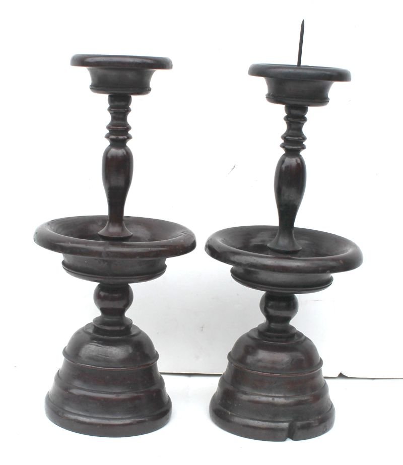 pr of 18thC wooden turned pricket sticks - 12" tall: pr of 18thC wooden turned pricket sticks - 12" tall
