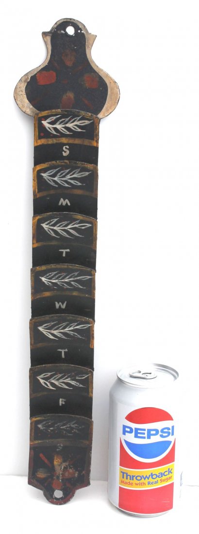 most unusual mid-19thC wonderful tole decorated hanging: most unusual mid-19thC wonderful tole decorated hanging daily organizer - 16 1/2" tall