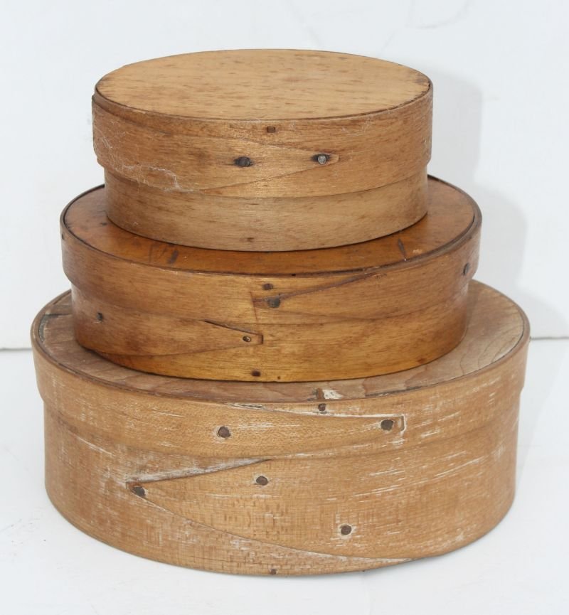 lot of 3 antique graduated size small to medium oval f: lot of 3 antique graduated size small to medium oval fingered pantry boxes - 4", 5" & 6 1/2"