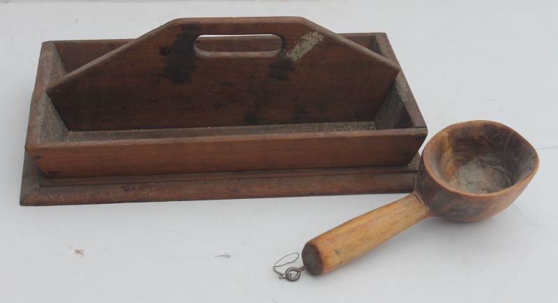 antique treen lot incl cherry knife tray w orig red was: antique treen lot incl cherry knife tray w orig red wash together w a maple dipper - knife tray is 13"x7 1/2" x4 1/2" tall & dipper is 8"
