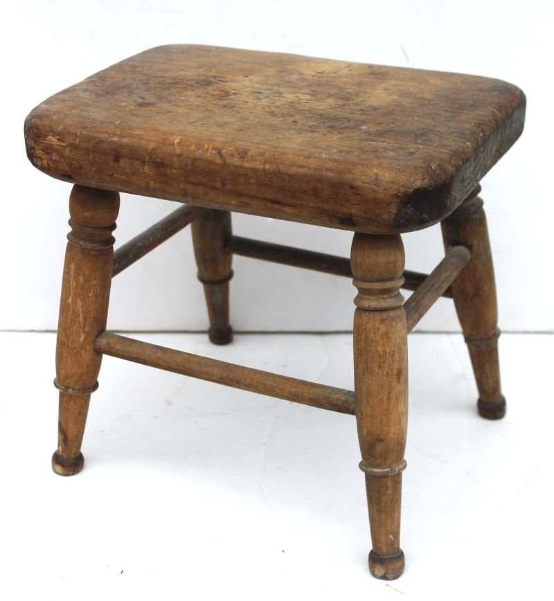 2 antique splay leg foot stools - 1 w oval needlepoint: 2 antique splay leg foot stools - 1 w oval needlepoint floral dec top, the other natural scrub top - 14 1/2" x 9" tall & 11 1/2" x 10 1/2" tall