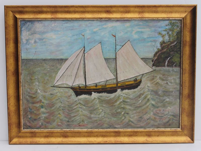 Great Folk Art/naïve school 13 1/2"x19 1/2" o/c early 2: Great Folk Art/naïve school 13 1/2"x19 1/2" o/c early 20thC marine scene (same artist as previous)