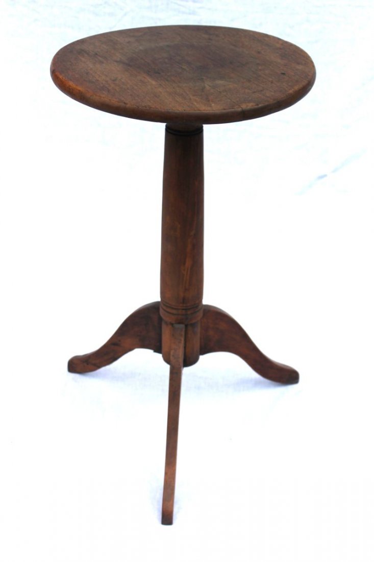 primitive 19thC round top snake foot candlestand w stur: primitive 19thC round top snake foot candlestand w sturdy shaft - 27" tall