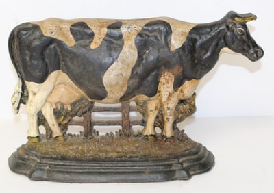 Antique cast iron painted cow form doorstop - 8 1/2" x 14" wide