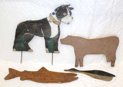 Lot of 4 wooden painted animal cut outs incl dog, cow, fish & loon - 15", 16", 17" & 21" long
