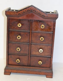 Antique burlwood/inlaid 8 drawer spice box - 14" tall x 9 1/2" wide x 4 1/2" deep