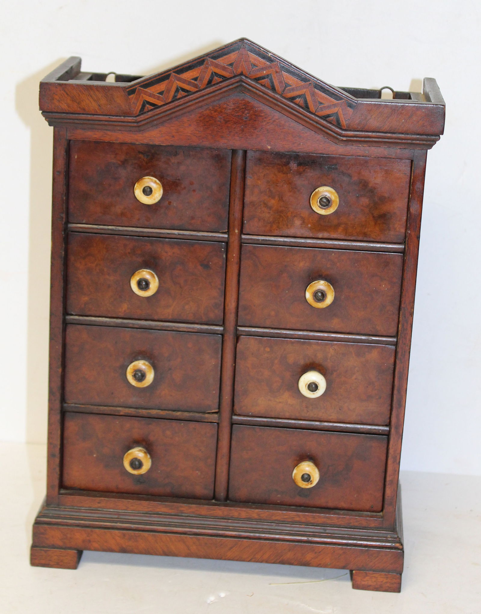 Antique burlwood/inlaid 8 drawer spice box - 14" tall x 9 1/2" wide x 4 1/2" deep (1 of 5)