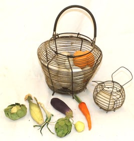 Lot of 2 wire egg baskets w glass & porcelain eggs & silk fruit - 8" diam x 10" & 4" diam x 3"