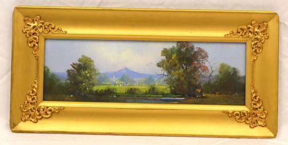 Antique scenic pastel panoramic - overall framed size 9"x19"
