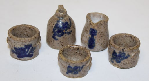Lot of 5 miniature stoneware cobalt dec crocks, jug & pitcher - some sgnd NS - 1/2" - 1" tall