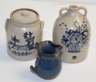 Lot of 2 miniature stoneware cobalt dec items incl water cooler & crock w lid signed CNC dated 1978