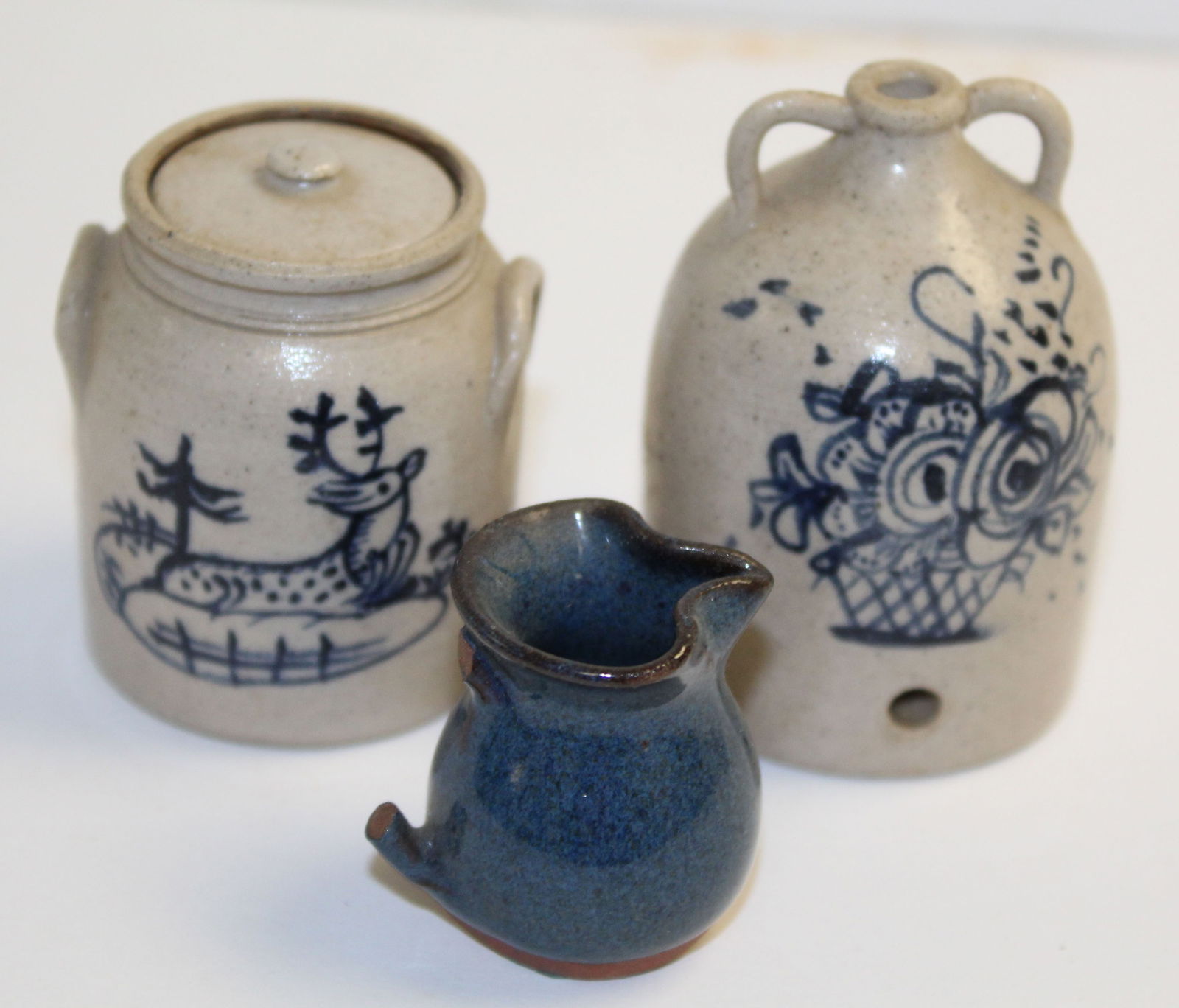 Lot of 2 miniature stoneware cobalt dec items incl water cooler & crock w lid signed CNC dated 1978 (1 of 6)