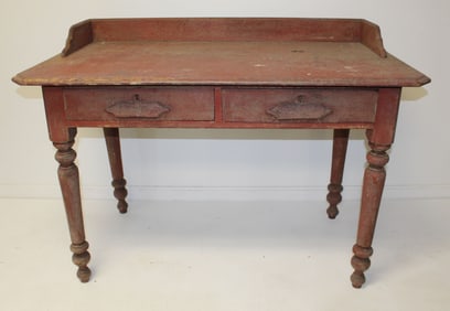 Antique 2 drawer work table/desk w gallery in red alligatored paint - 31" tall x 48"x26"