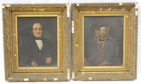 Pair of antique o/c portraits of husband & wife - wife is very as found - overall framed size 19