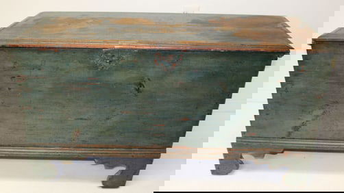 Antique 6 board blanket chest on scrolled bracket base in blue paint - 20" tall x 44" x 16"