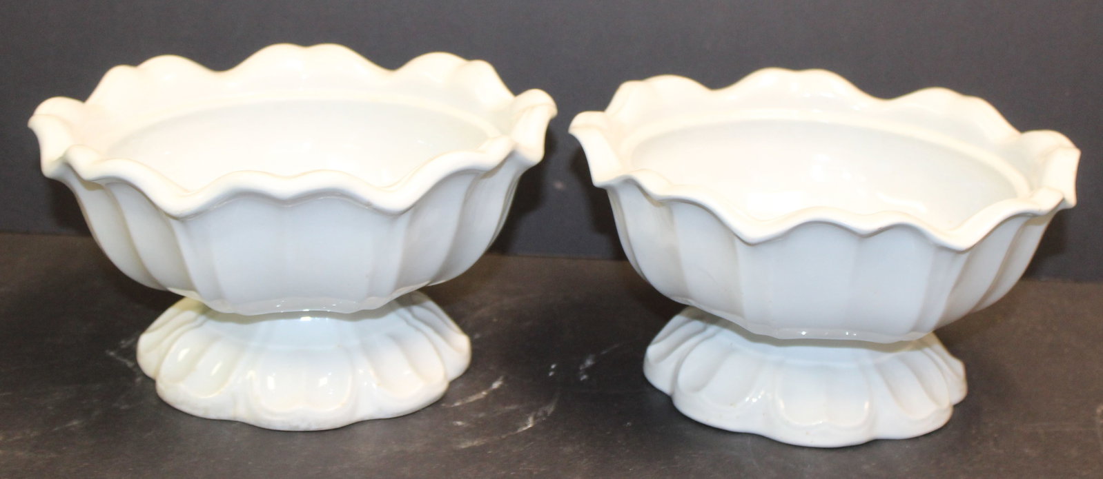 Pair of antique ironstone vegetables in the Sydenham shape - missing covers - 4 1/2" tall x 8 1/2": Pair of antique ironstone vegetables in the Sydenham shape - missing covers - 4 1/2" tall x 8 1/2" diam