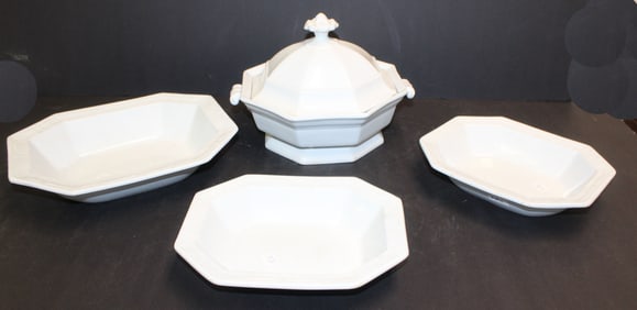 Lot of 3 antique ironstone open vegetables 9"x7" (2) & 11"x9" plus a covered vegetable 8" tall x 10"