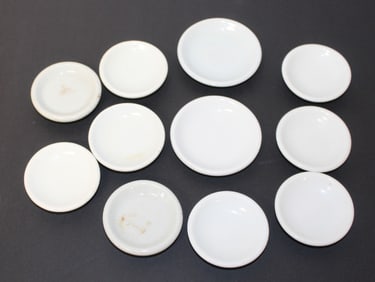 Lot of 11 antique ironstone butter pats - the 2 largest w Alfred Meakin black stamp - 2 1/2" (9) &