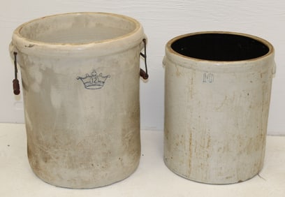 Lot of 2 large stoneware crocks - 10 & 12 gallons - 18"x14" diam & 20"x16" diam