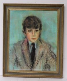 Antique pastel portrait of a boy in dress coat w tie - overall framed size 24"x19 1/2"