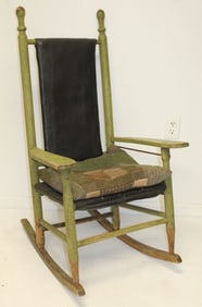 Antique rocker in green paint w hand made linsey woolsey seat pillow - overall height 46"