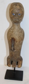 18thC QA doll fragment w painted blue eyes - 11 1/2" on stand - 9 3/4" tall doll