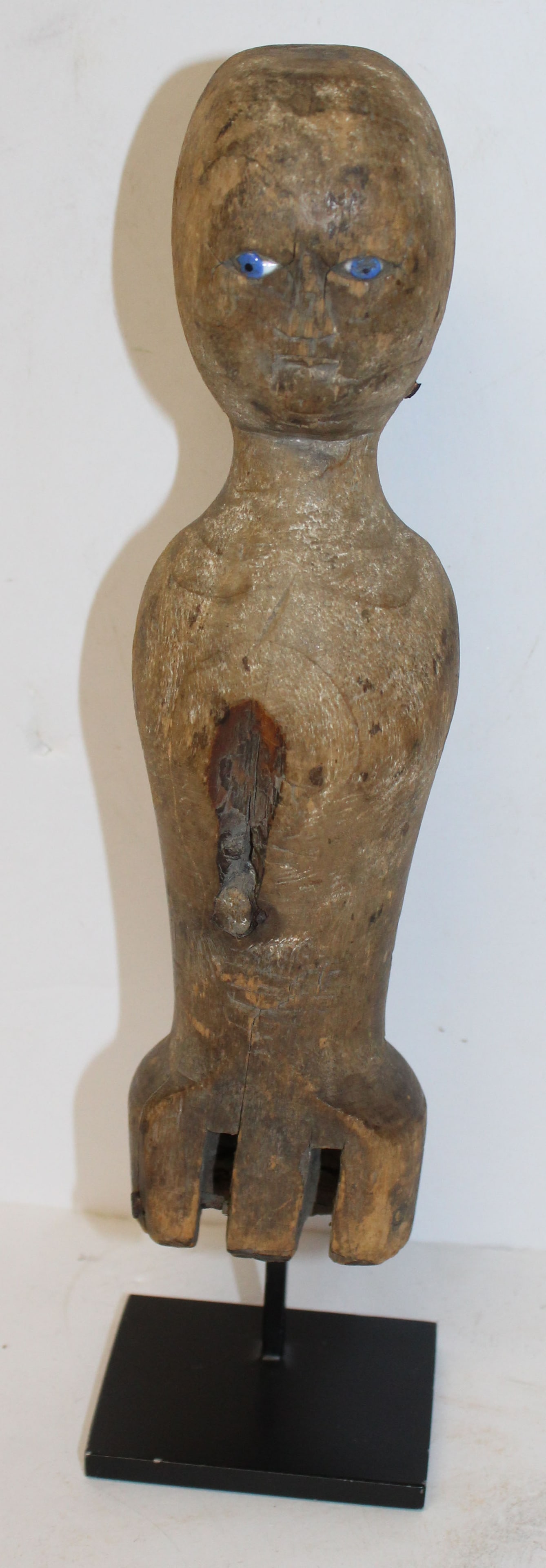 18thC QA doll fragment w orig glass blue eyes - 11 1/2" on stand - 9 3/4" tall doll (1 of 6)