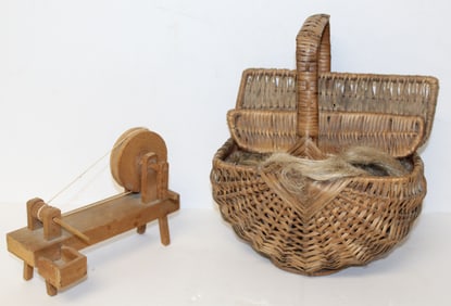 Miniature flax wheel together with an antique basket w flax - 6" tall x 8 1/2" long flax wheel