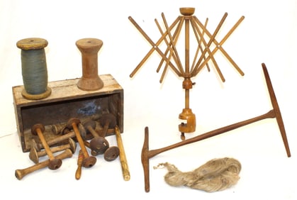 Antique weaving/sewing lot with wooden spools, flax, umbrella swift & knitty knotty