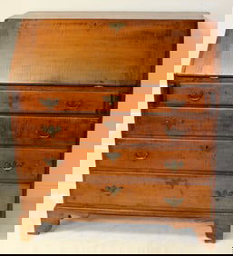 Antique slant lid tiger maple desk on bracket base - 42 1/2" tall x 37" wide x 19 1/2" deep