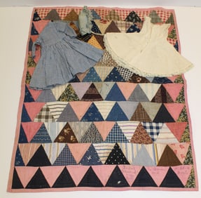 Antique doll quilt together with two antique doll dresses & a bonnet - quilt is 20"x25"