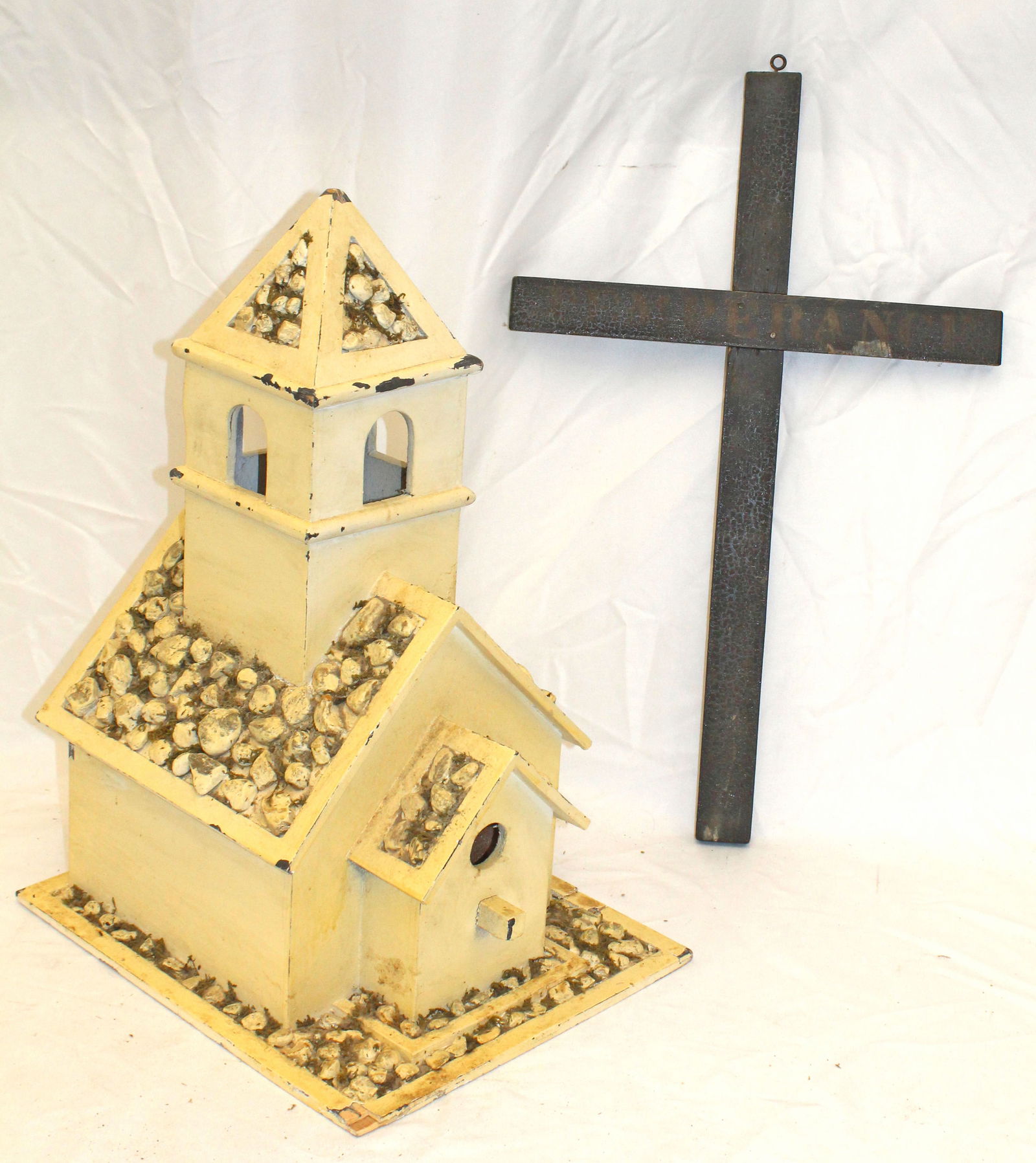 Vintage wooden painted white church form bird house together w a wooden cross w painted "Temperance" (1 of 5)