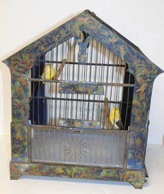 Folk Art tin bird cage w paint decoration, starburst etched glass, built in feeders & birds -