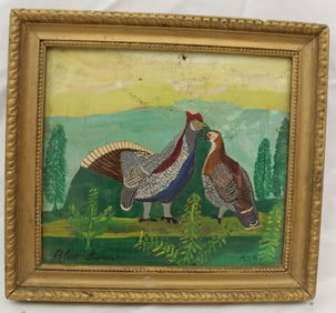 Folky o/bd titled "Blue Grouse" signed Garcaud (?) - overall framed size - 9"x10"