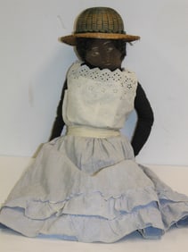 Antique Black cloth doll w straw hat - 24" tall
