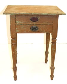 Antique 2 drawer Country Sheraton work table in mustard over green paint - 28" tall x 21"x17" top