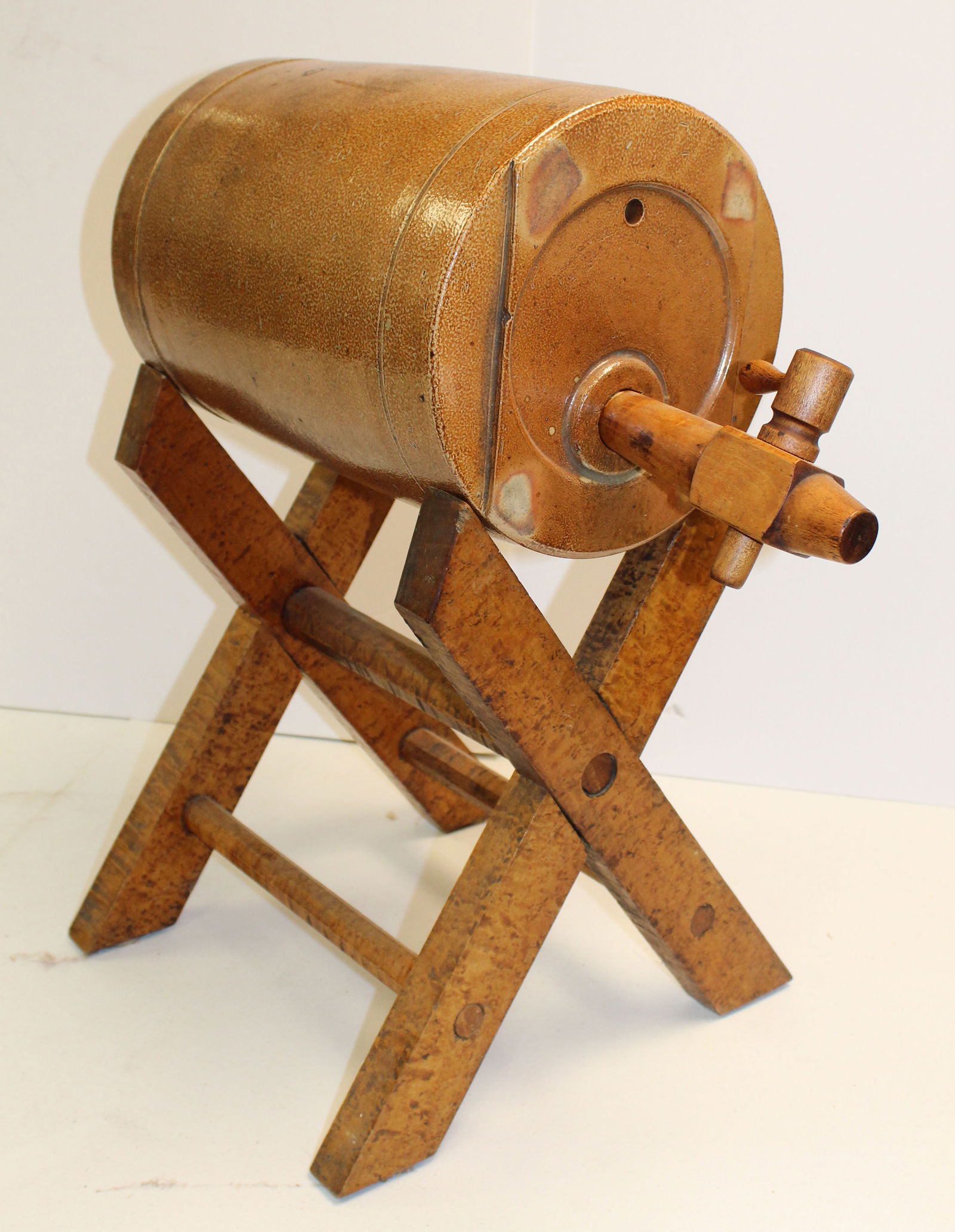 Antique birdseye & tiger maple saw buck w stoneware water keg w figured maple tap - sawbuck is 14: Antique birdseye & tiger maple saw buck w stoneware water keg w figured maple tap - sawbuck is 14 1/2" tall x 14" wide x 13" deep - keg is 13" x 9" diam w 9" tap