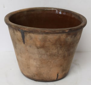 Antique redware cake crock - 8" tall x 11" diam