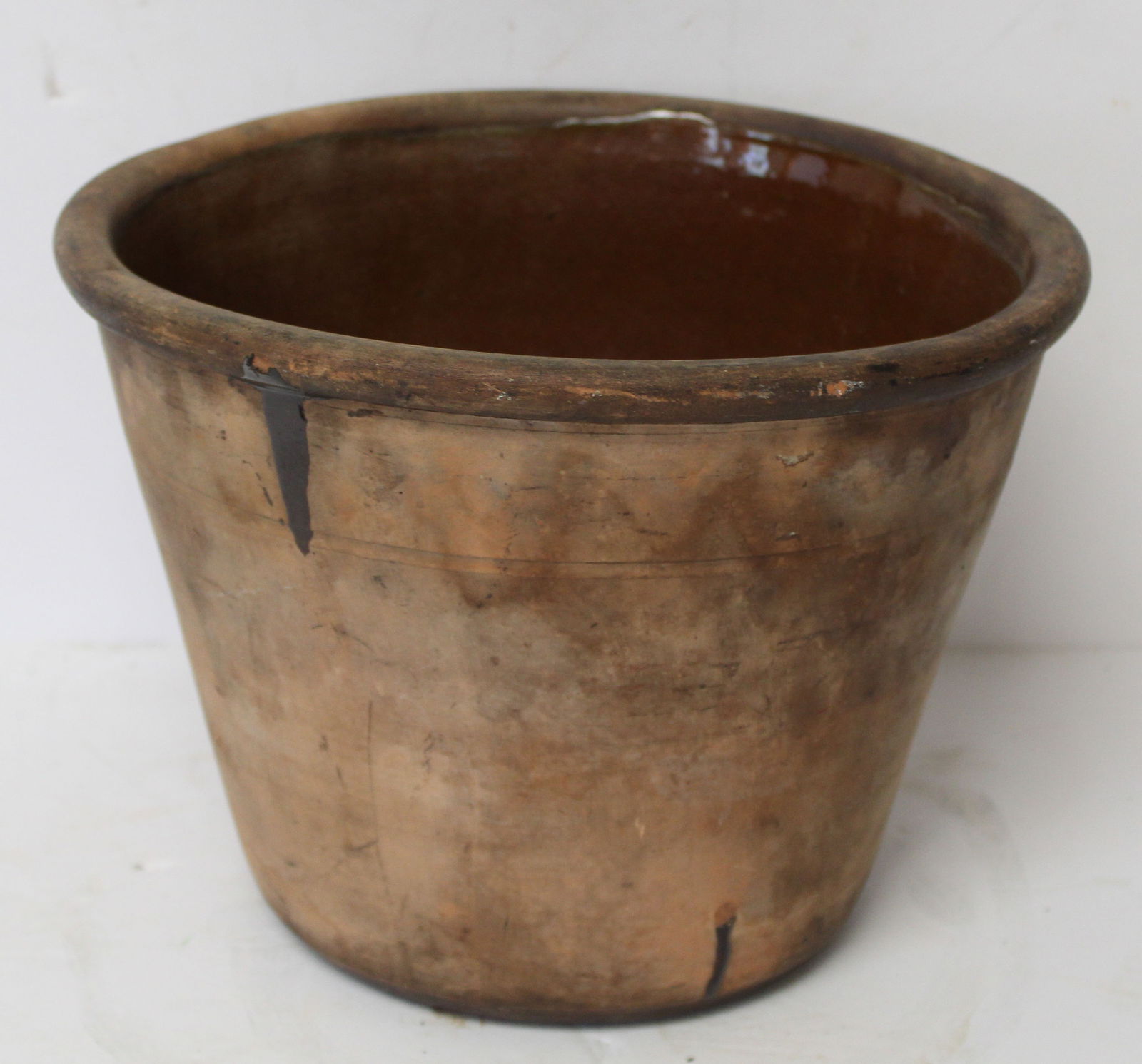 Antique redware cake crock - 8" tall x 11" diam (1 of 5)
