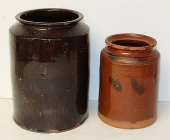 Lot of 2 antique redware jars - 7 3/4"x 4 3/4" diam & 10" x 6 3/4" diam