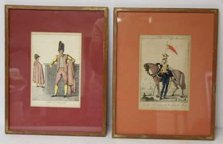 Lot of 2 ca 1810 French Military hand colored engravings - overall framed size 14"x11"