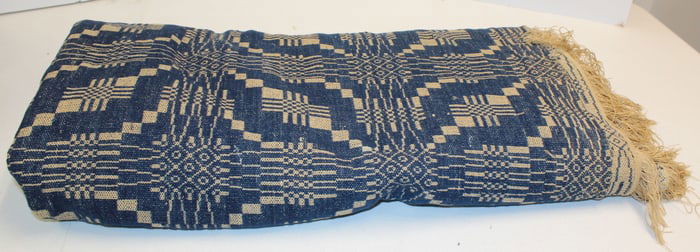 Antique blue & white wool bedspread with decorative fringe - 82"x92"