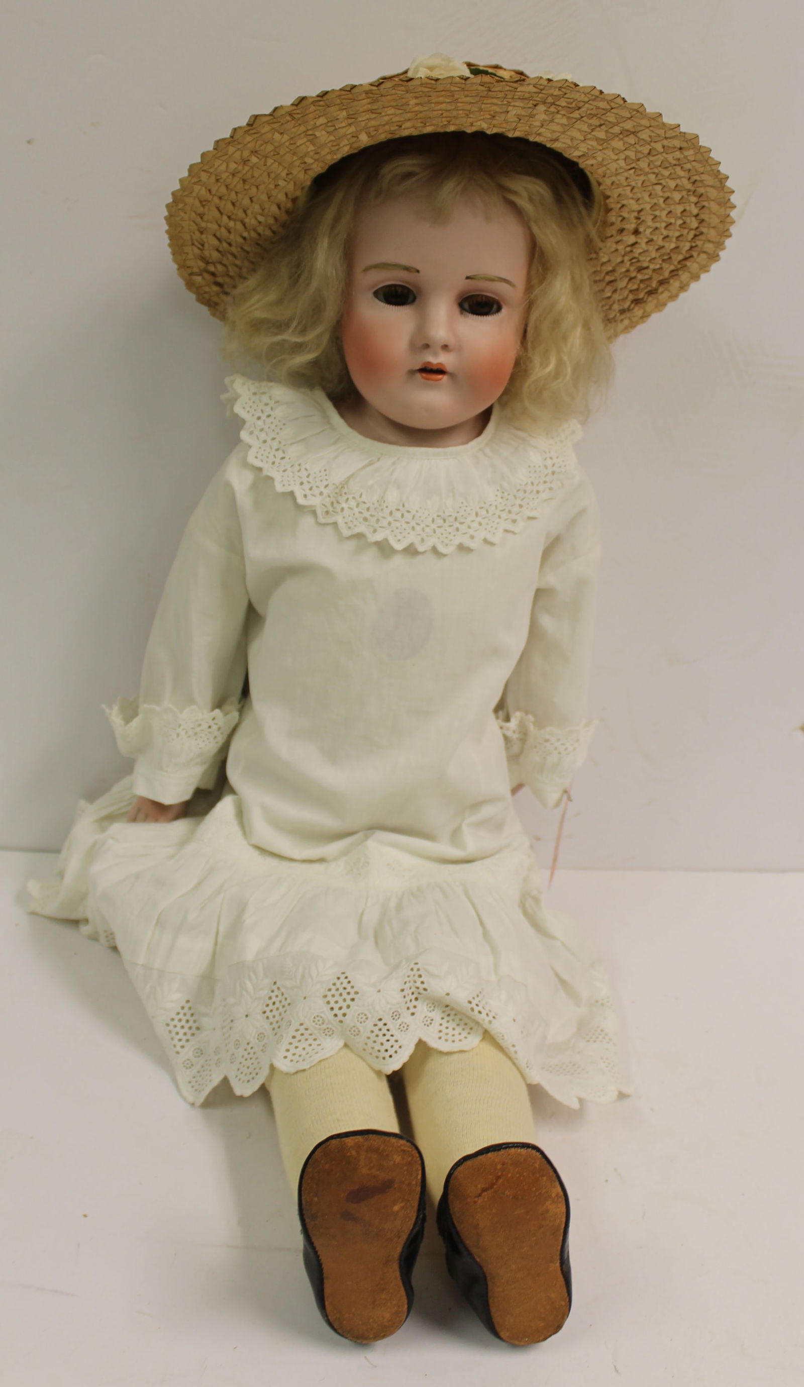 Antique bisque head doll w sleep eyes in box - 28" tall: Antique bisque head doll w sleep eyes in box - 28" tall