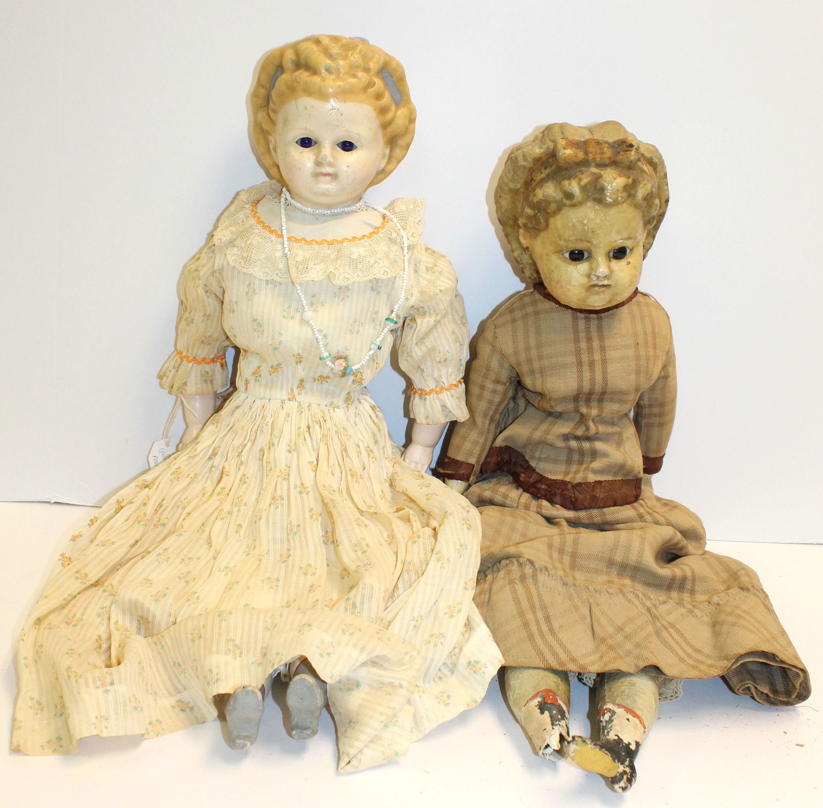 Lot of 2 antique wax over composition dolls - 1 w blue sleep eyes & squeaker (not working) - both as (1 of 14)