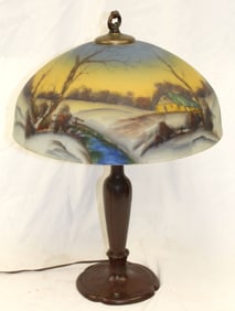 Antique reverse painted scenic table lamp on Handel bronze lamp base - 17" diam shade - overall