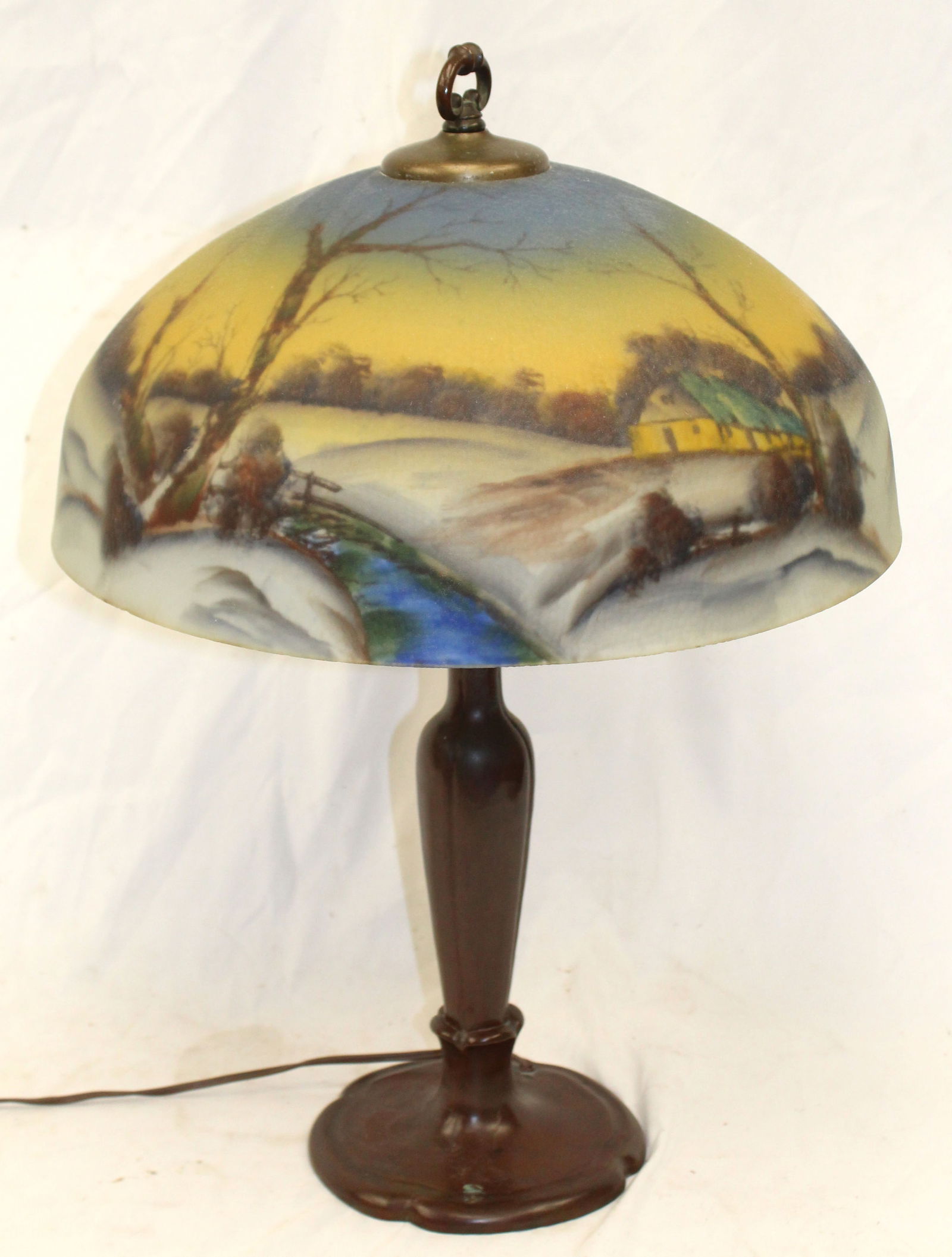 Antique reverse painted scenic table lamp on Handel bronze lamp base - 17" diam shade - overall (1 of 10)