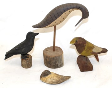 Lot of 4 wooden carved painted birds incl 1 signed Charles Foster dated 1982 - 4", 5", 5 1/2" & 9"